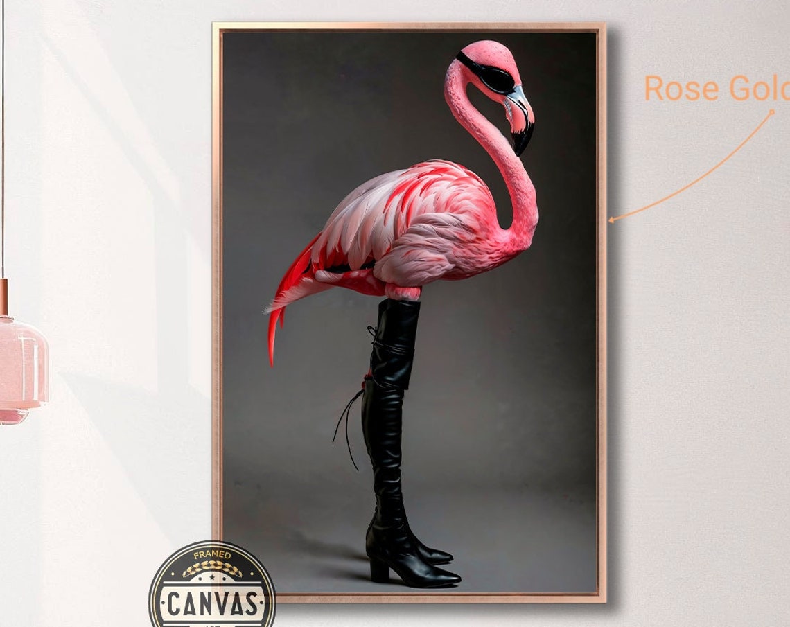 Pink Flamingo In Black Boots Sunglasses Quirky Fashion Art Poster