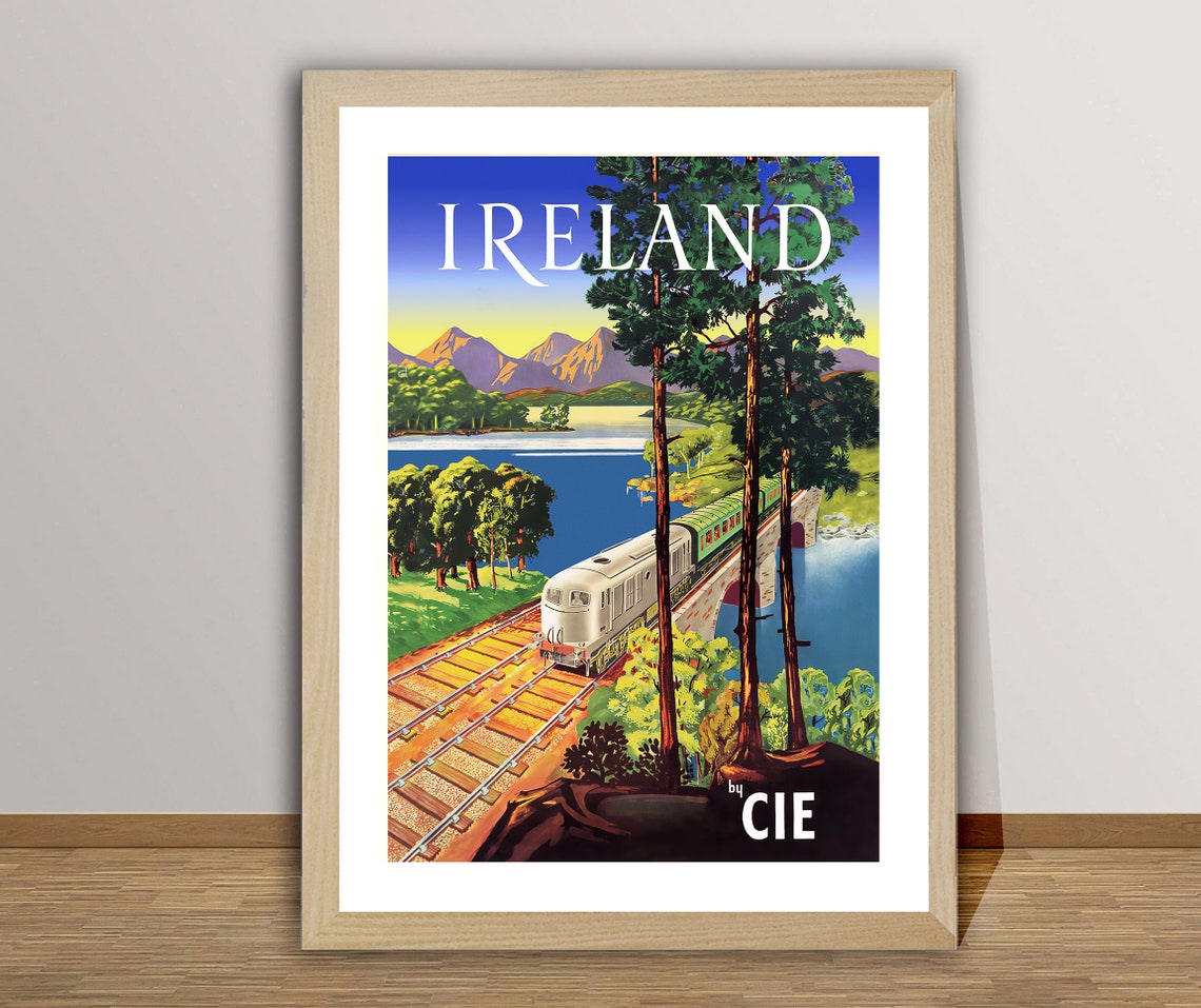 Ireland by CIE Train Mountain Lake Railway Vintage Travel Poster