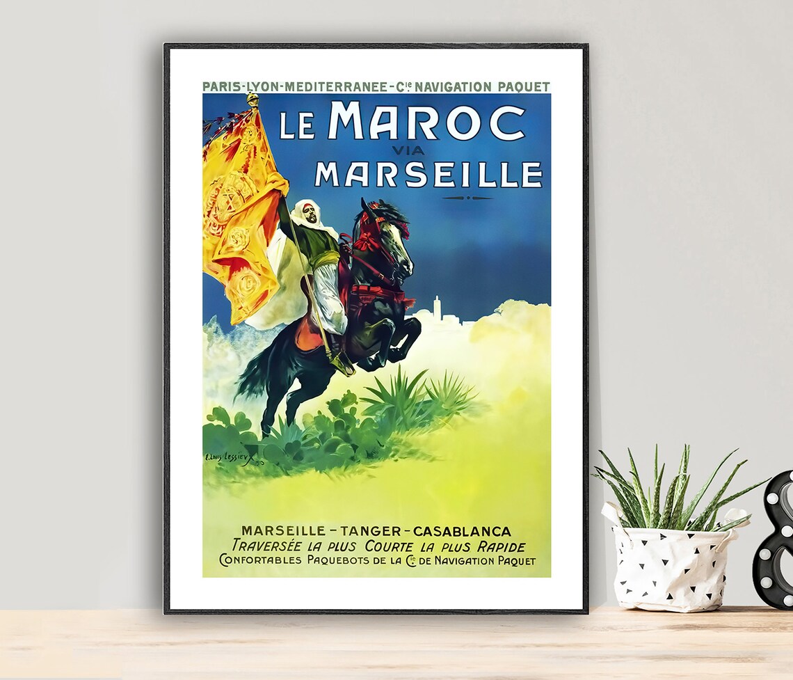 Le Maroc Via Marseille Vintage French Travel Poster Arab Horseman Art