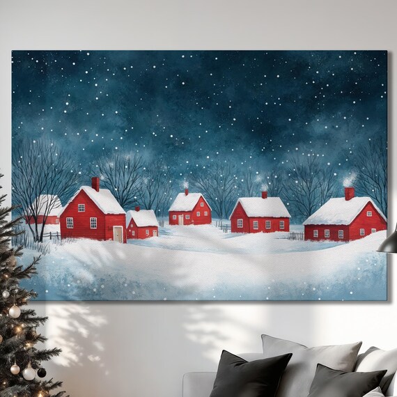 Snowy Red Houses Night Village Winter Christmas Scene Poster