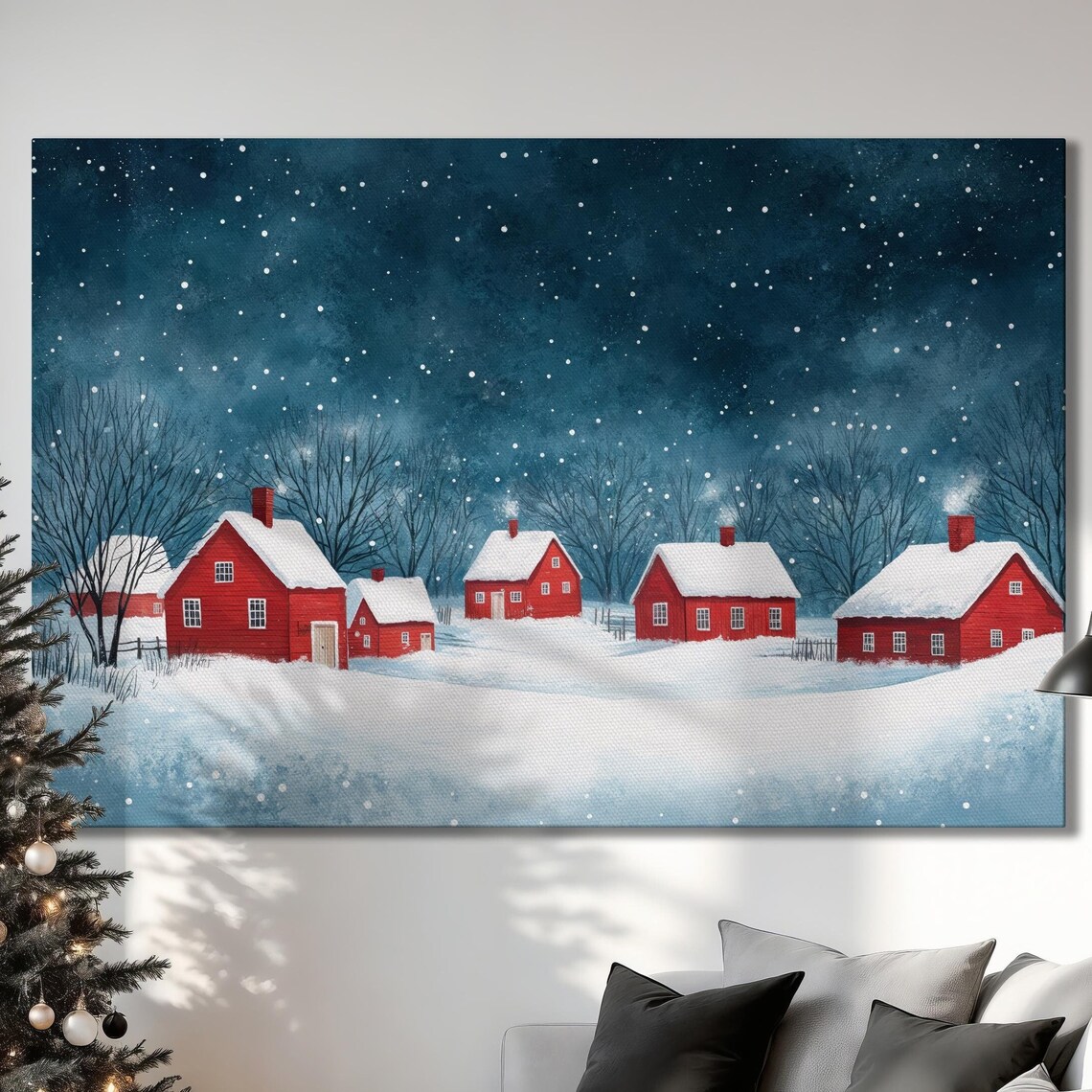 Snowy Red Houses Night Village Winter Christmas Scene Poster