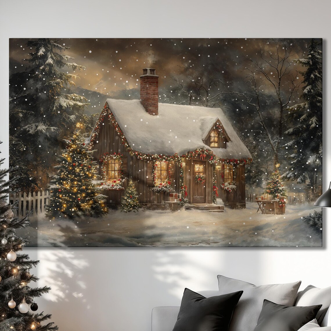Cozy Christmas Cottage Rustic Winter Scene Art Print