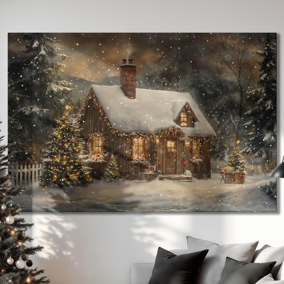 Cozy Christmas Cottage Rustic Winter Scene Art Print