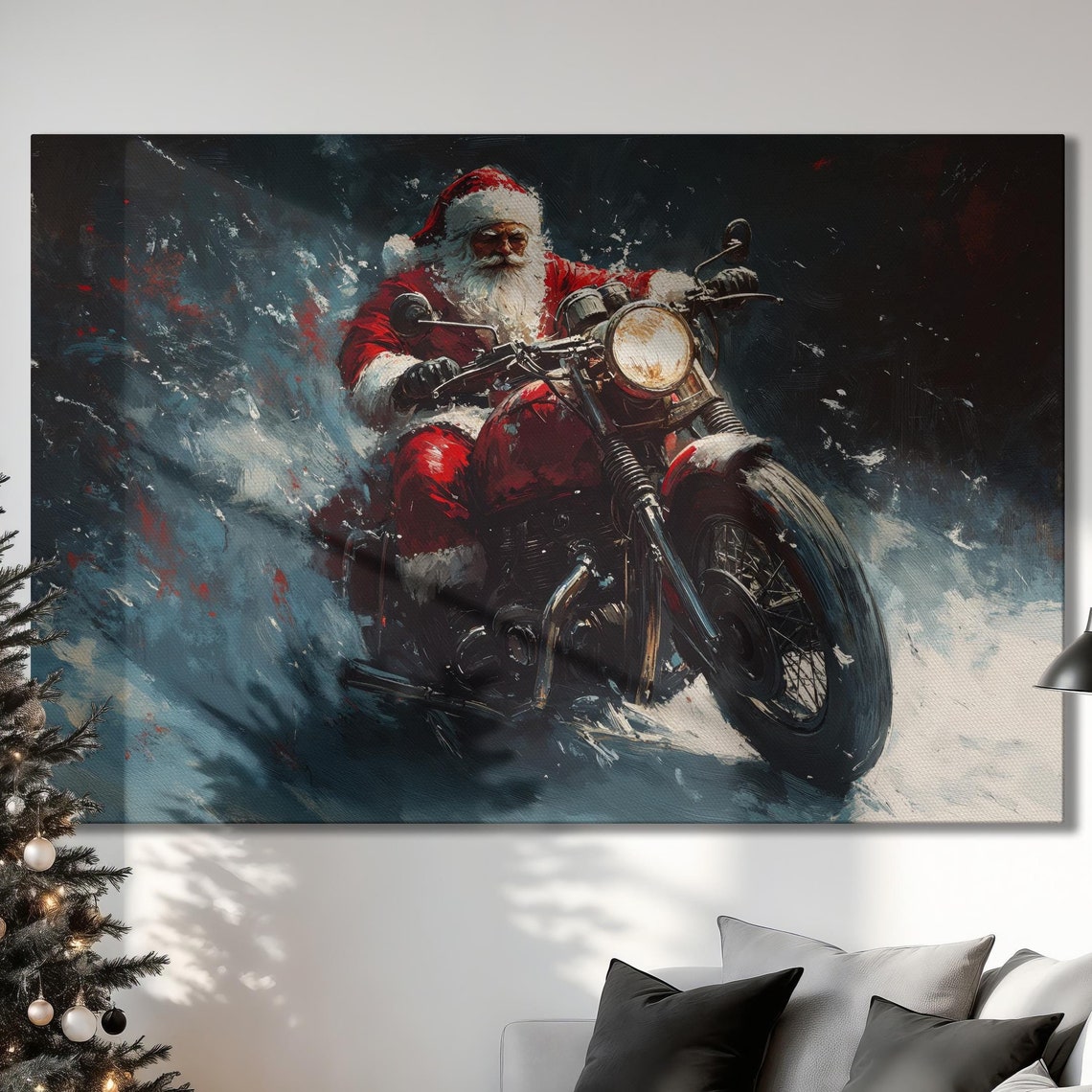 Santa Claus Riding A Red Motorcycle Through Snow Winter Poster