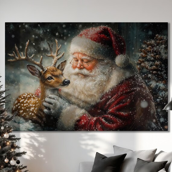 Santa Claus Tenderly Embracing Reindeer In Snow Christmas Wall Art