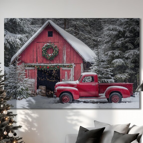 Red Barn With Vintage Truck In Snow Christmas Farmhouse Poster