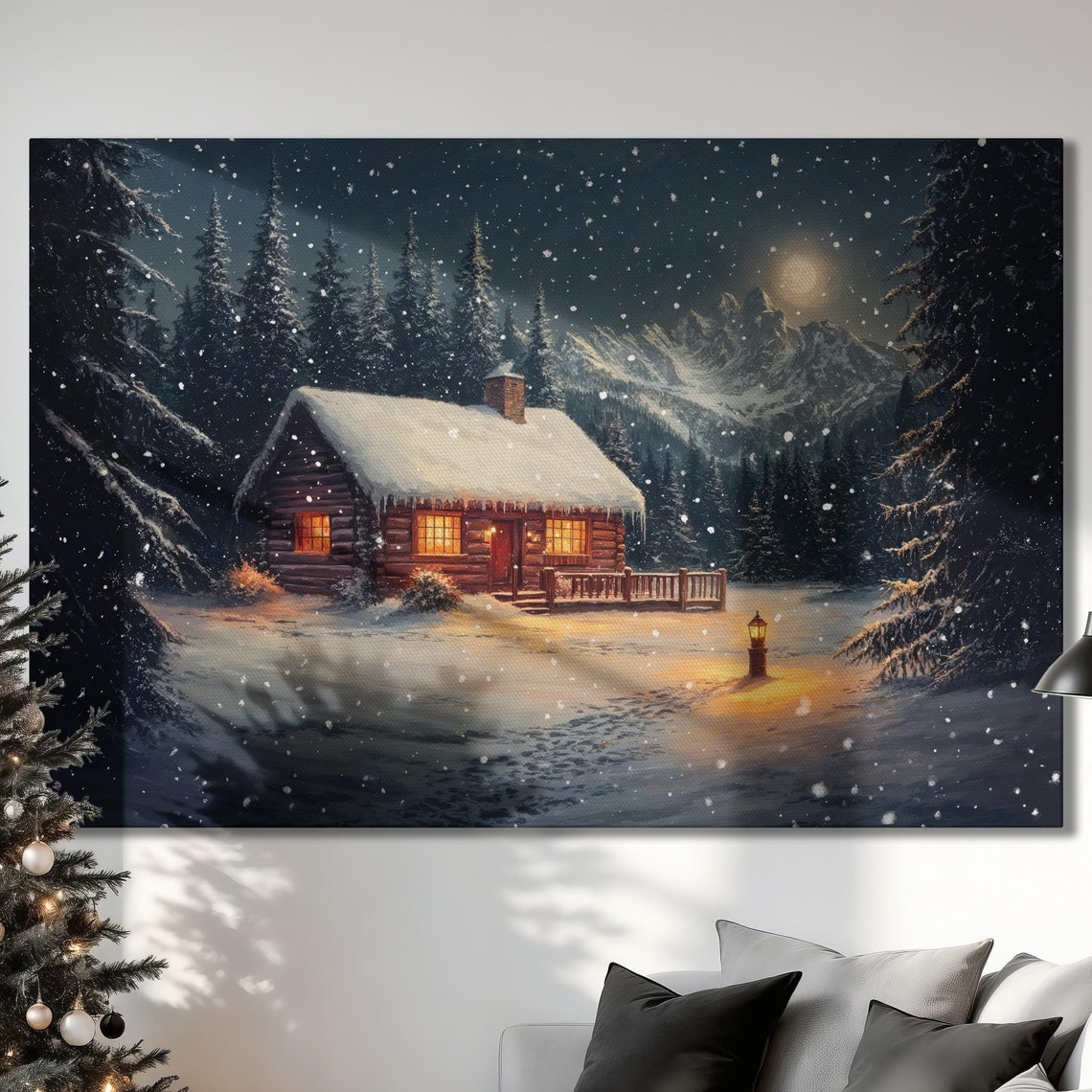 Snowy Cabin At Night Glowing Windows Moonlit Winter Landscape Poster