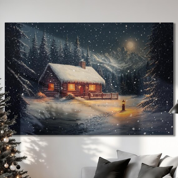 Snowy Cabin At Night Glowing Windows Moonlit Winter Landscape Poster