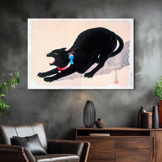 Takahashi Hiroaki Hissing Black Cat Vintage Japanese Woodblock Poster