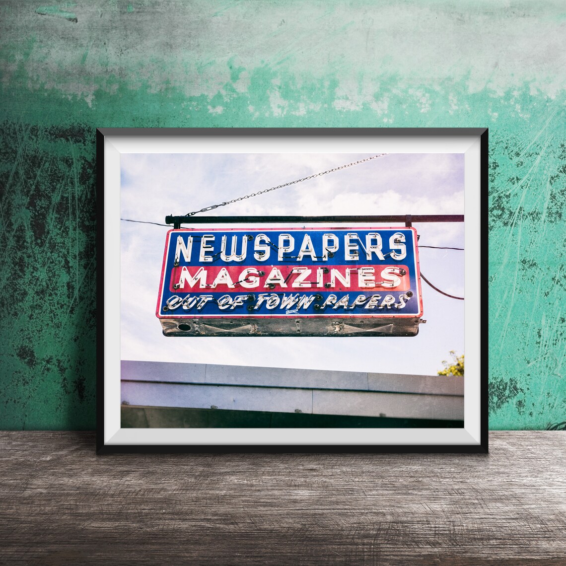 Newspaper Stand Neon Sign Art, Modern Poster Print
