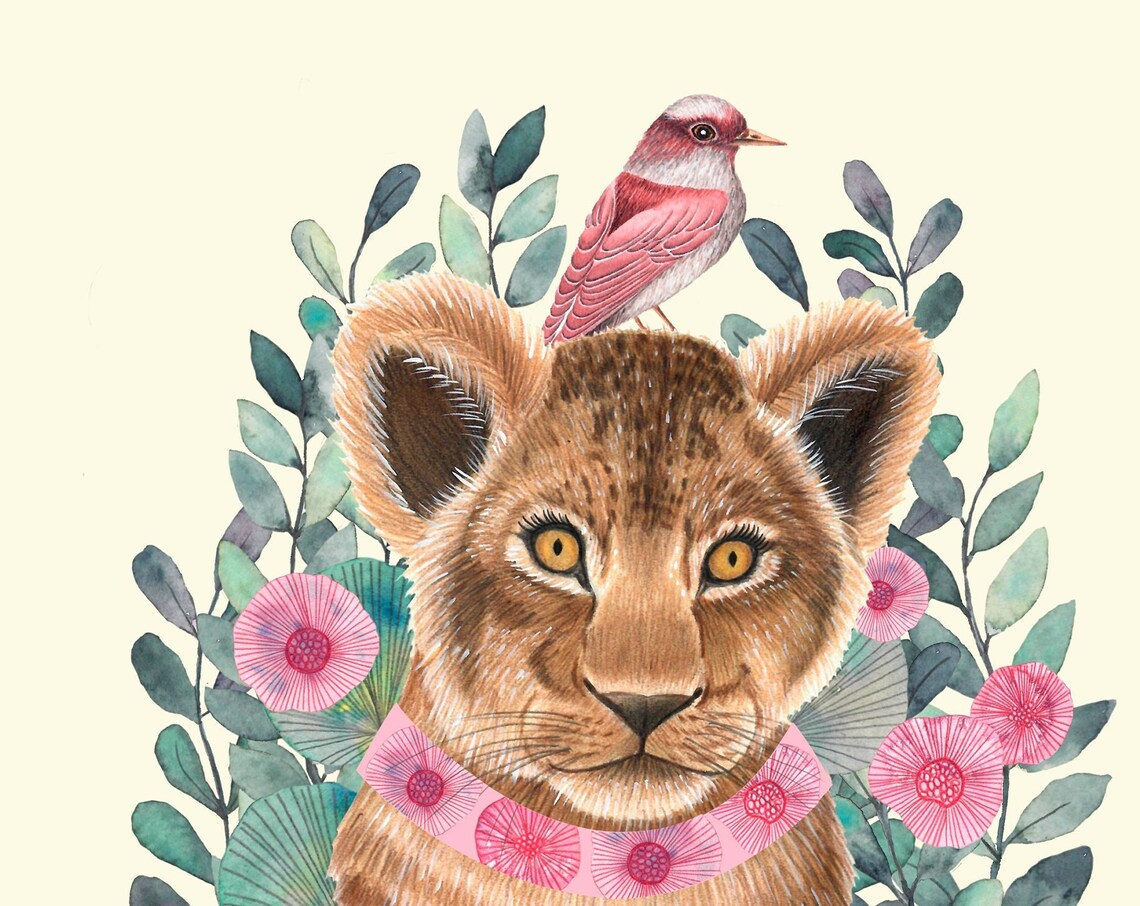 Cute Lion Cub Pink Bird Floral Safari Nursery Animal Art Poster
