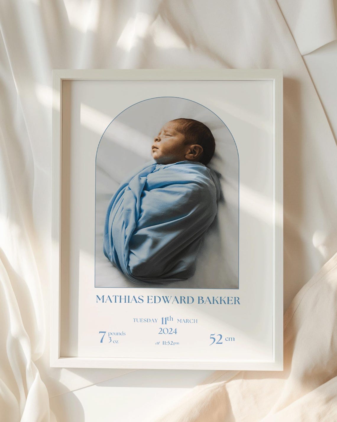 Personalized Baby Birth Announcement Blue Swaddle Photo Poster