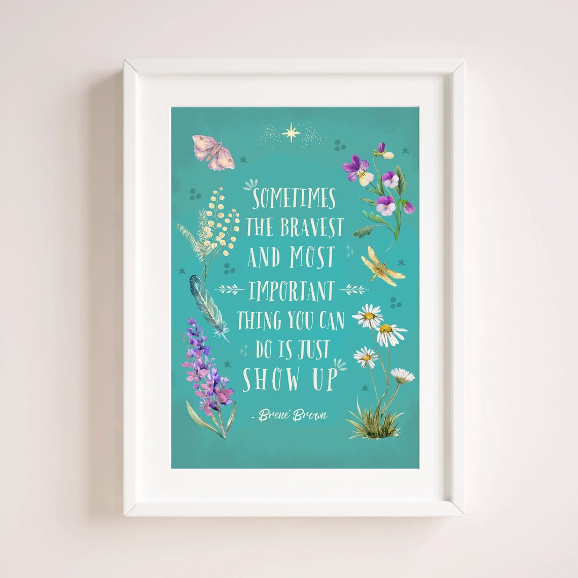 Brene Brown Just Show Up Quote Teal Floral Botanical Wall Poster - Image 2