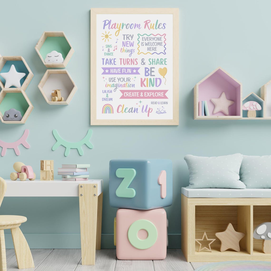 Pastel Playroom Rules Sign Be Kind Share Create Colorful Wall Poster - Image 3