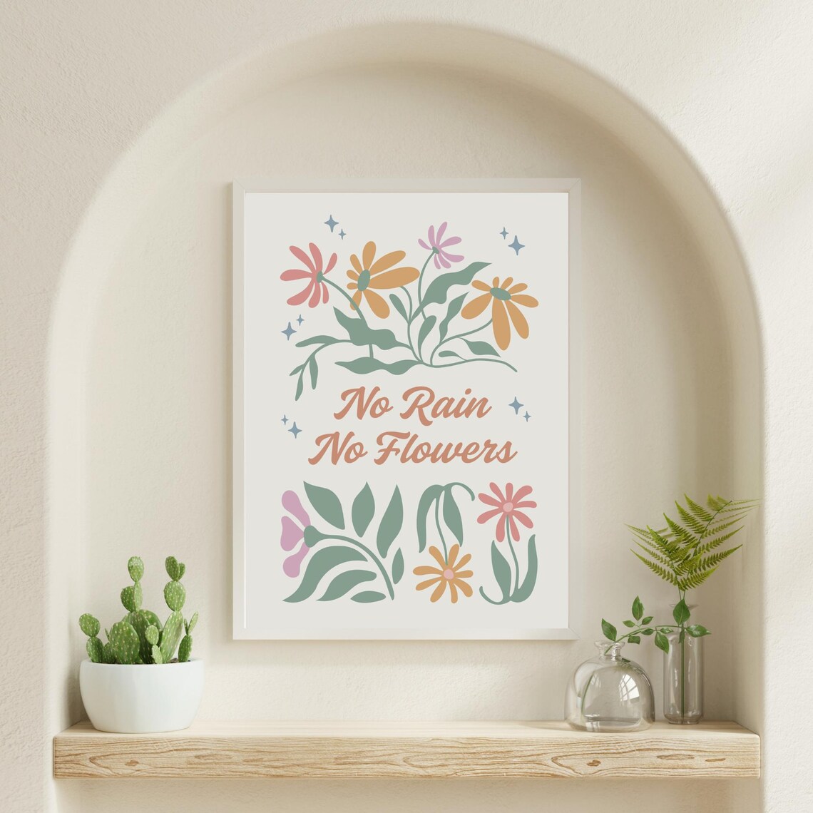 No Rain No Flowers Retro Floral Quote Art Print - Image 6