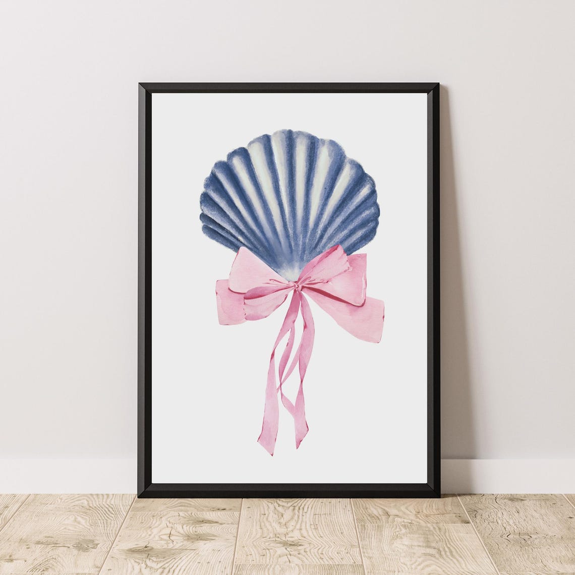 Blue Scallop Shell With Pink Bow Watercolor Coastal Beach Wall Art - Image 2