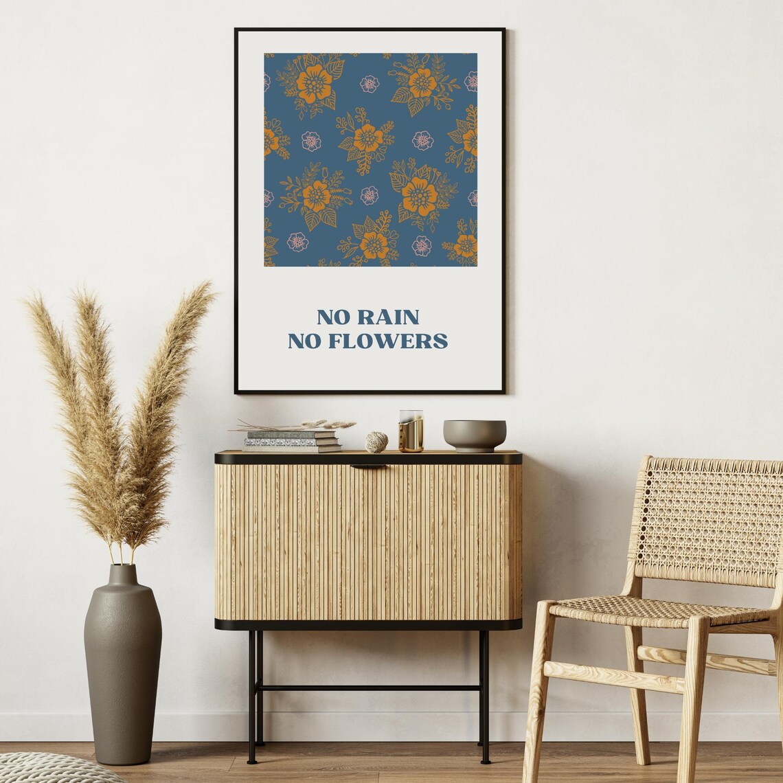 No Rain No Flowers Quote Navy Gold Floral Pattern Encouragement Poster - Image 6