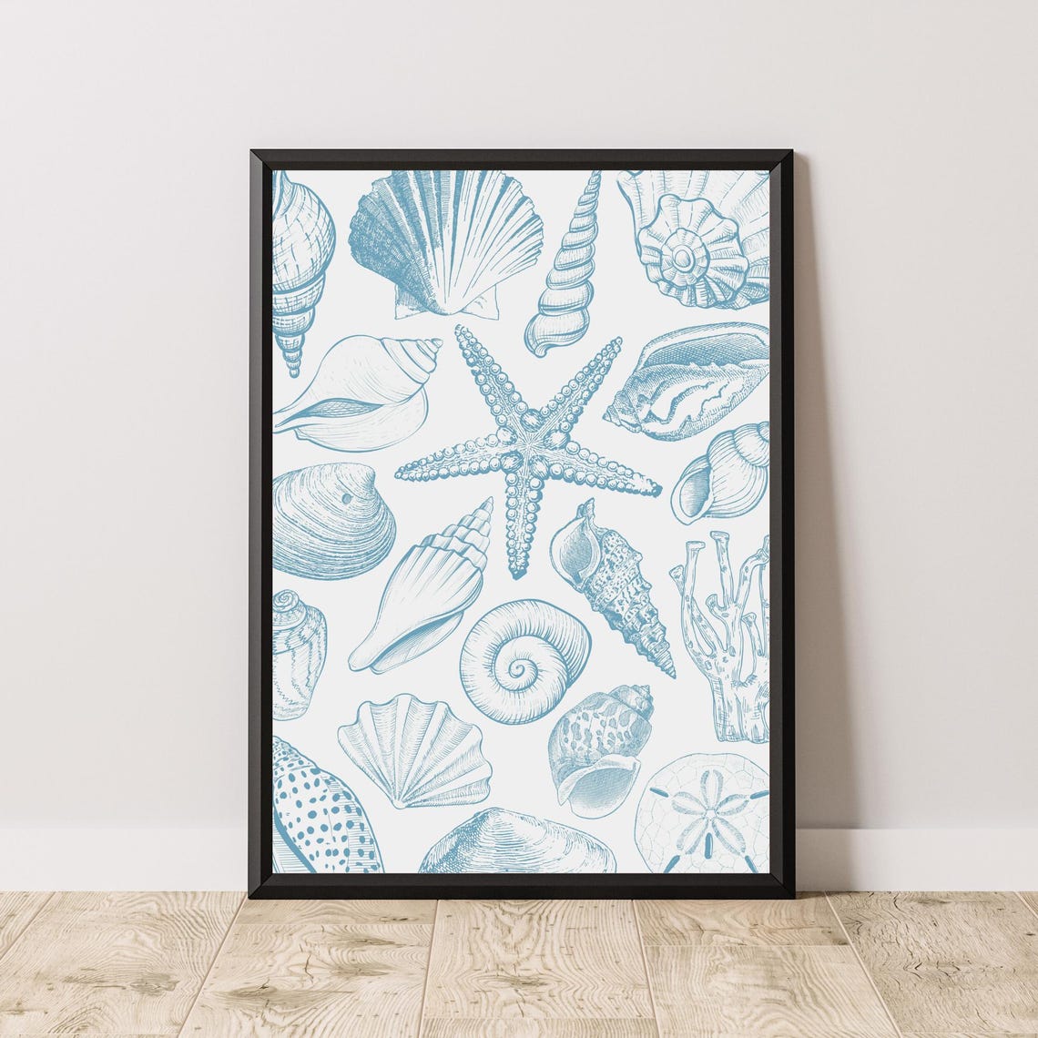 Blue Line Art Seashells Starfish Coral Vintage Coastal Beach Poster - Image 3