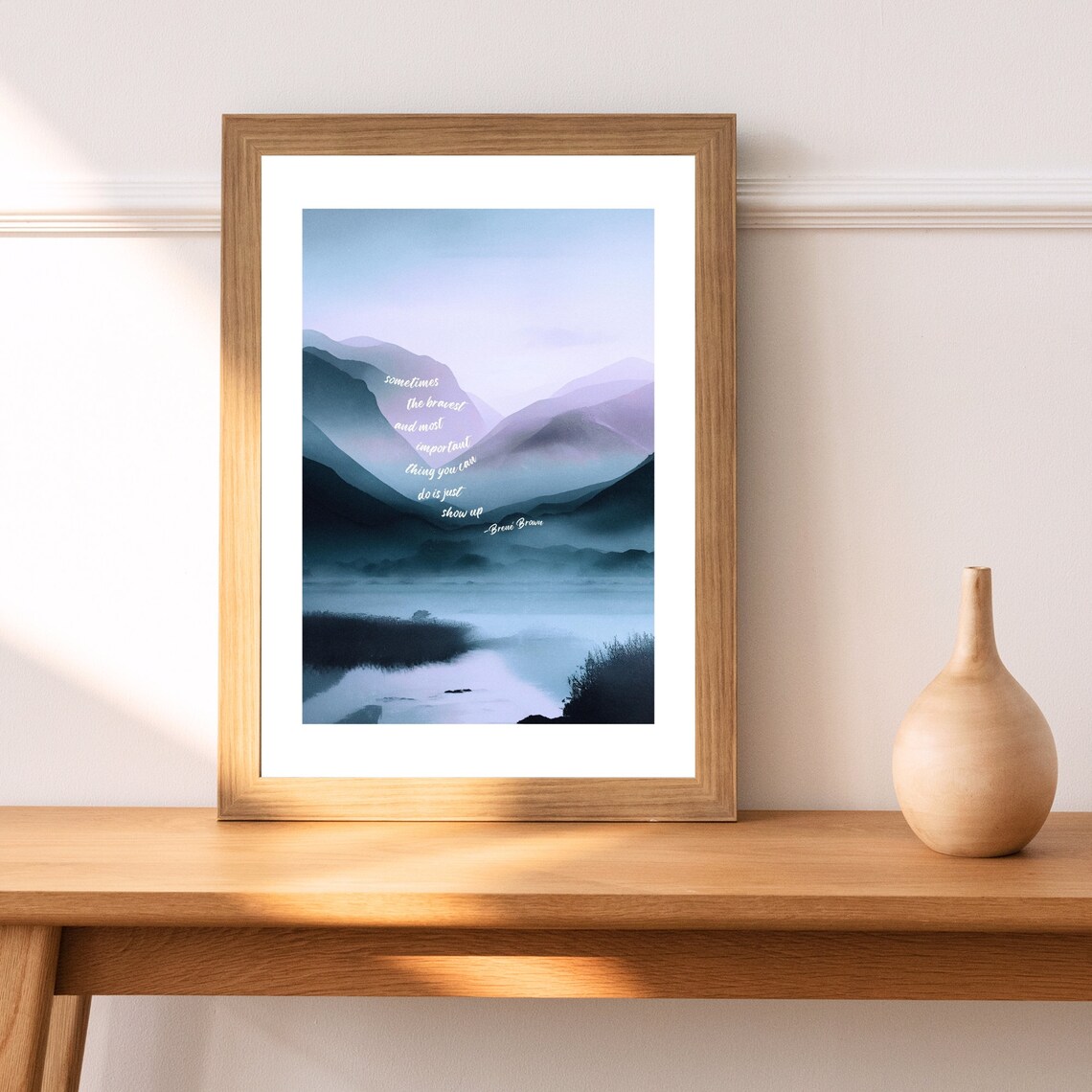 Brene Brown Just Show Up Misty Blue Mountain Lake Watercolor Poster - Image 3