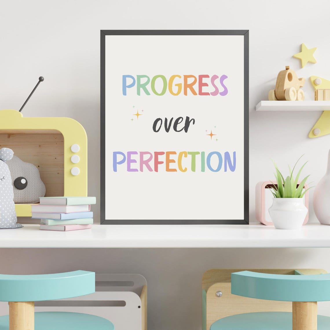 Progress Over Perfection Rainbow Pastel Quote Motivational Wall Art - Image 2