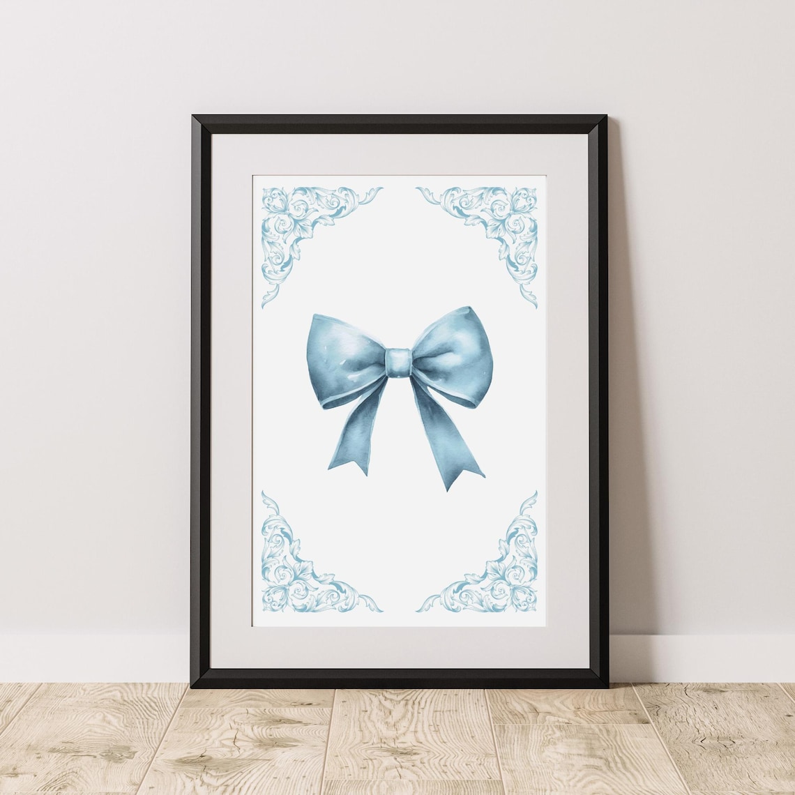 Blue Watercolor Ribbon Bow With Baroque Corner Flourish Art Poster - Image 3