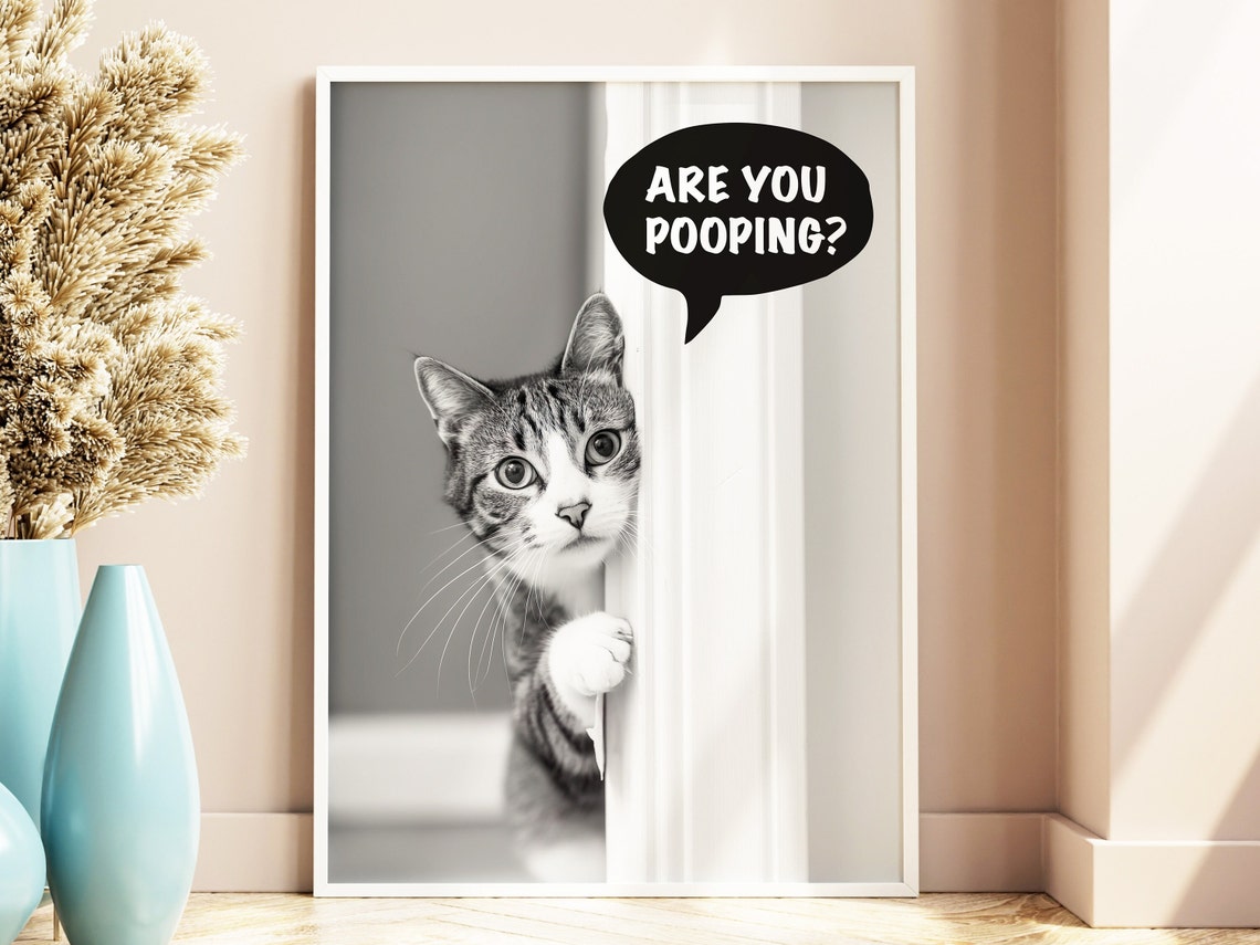 Are You Pooping Funny Tabby Cat Peeking Bathroom Humor Poster - Image 2