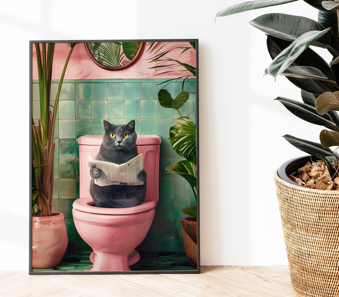 Grey Bathroom Cat Print, Funny Bathroom Decor - Image 5