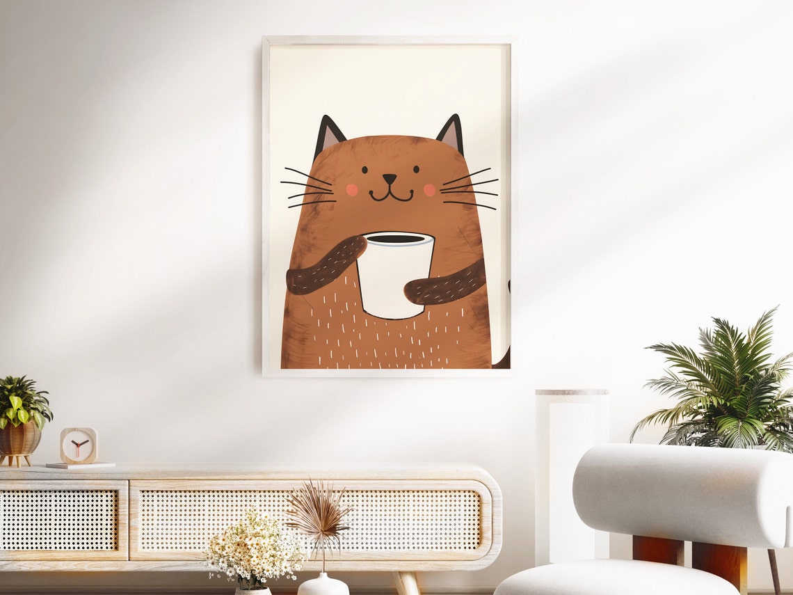 Cute Brown Cat Holding Big Coffee Cup Cozy Boho Kitchen Poster - Image 3