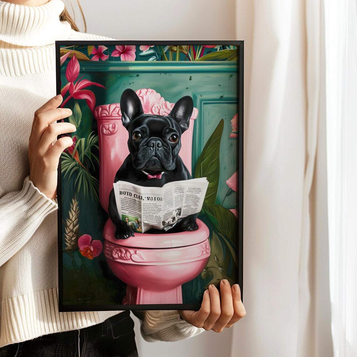 Black French Bulldog Bathroom Humor Art Print - Image 4