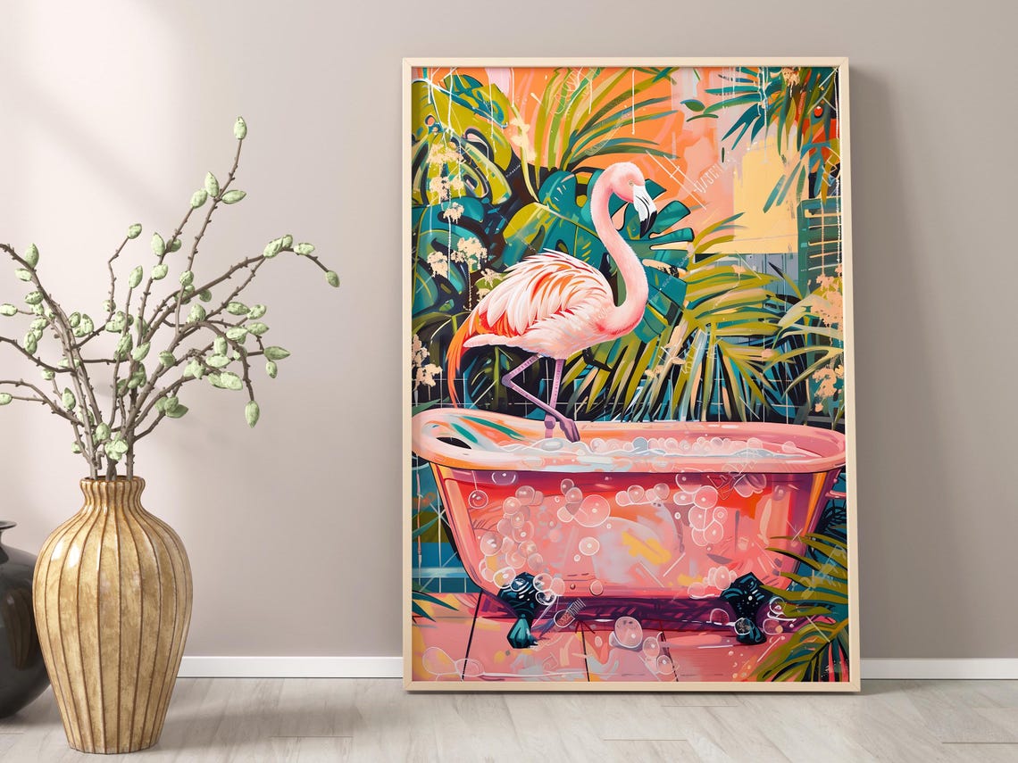 Flamingo In A Pink Bathtub Surrounded By Lush Tropical Leaves Poster - Image 2