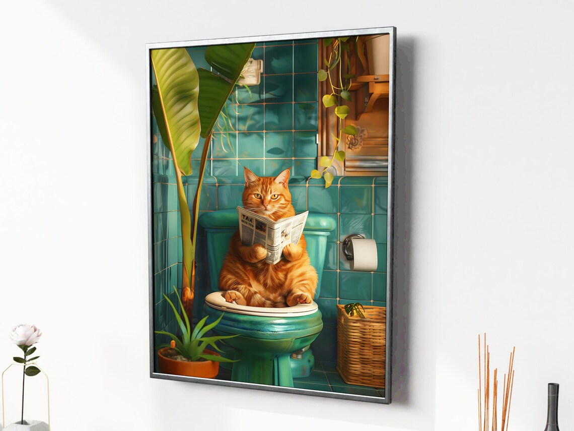 Orange Cat On Toilet Bathroom Funny Cat Poster - Image 4