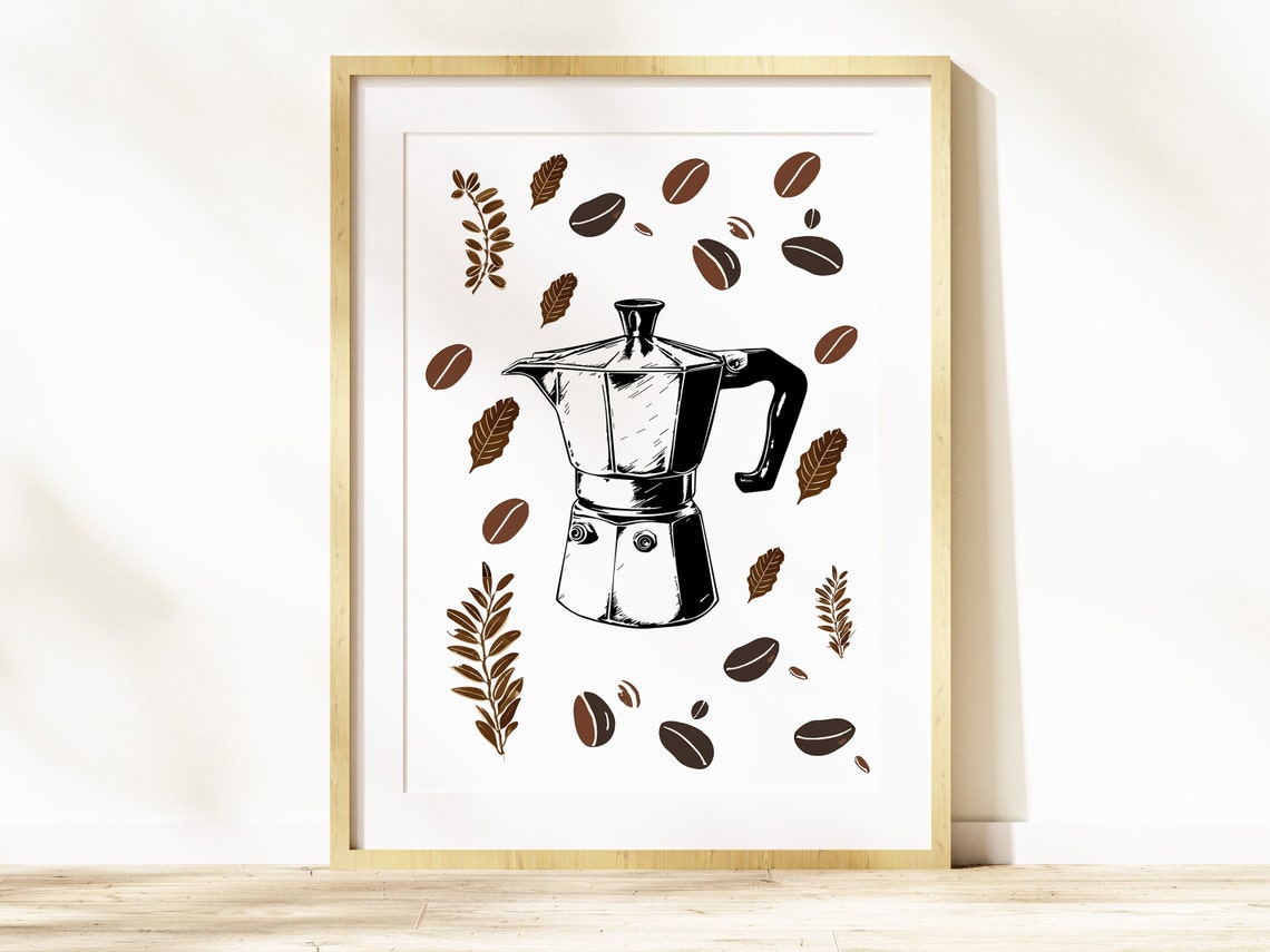 Moka Pot Espresso Maker Line Art Coffee Beans Kitchen Poster - Image 3