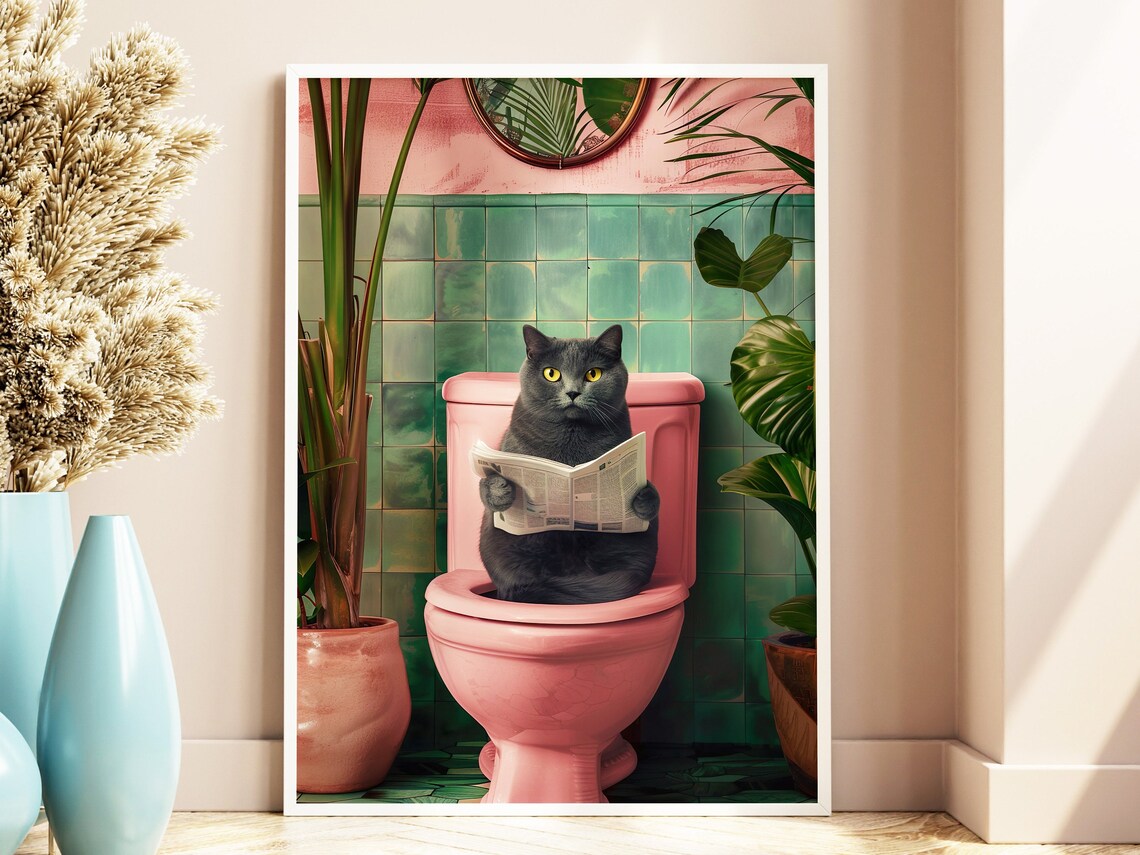 Funny Cat Toilet Print, Trendy Bathroom Decor - Image 3