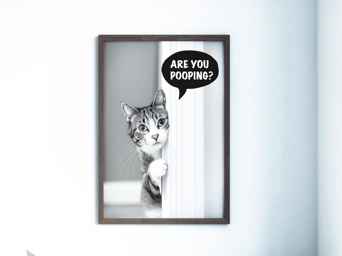 Are You Pooping Funny Tabby Cat Peeking Bathroom Humor Poster - Image 3