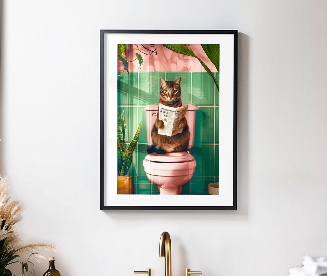 Domestic Shorthair Cat Reading On Toilet Funny Bathroom Poster - Image 4