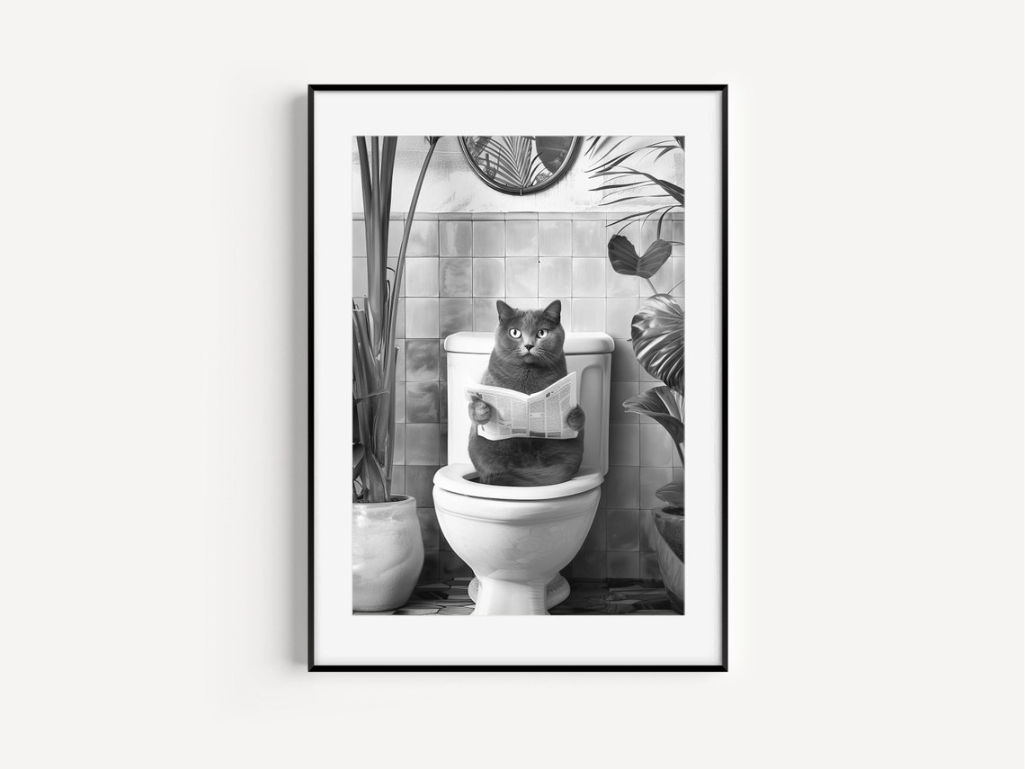 Black Cat Reading Newspaper Toilet Funny Bathroom Cat Poster - Image 5