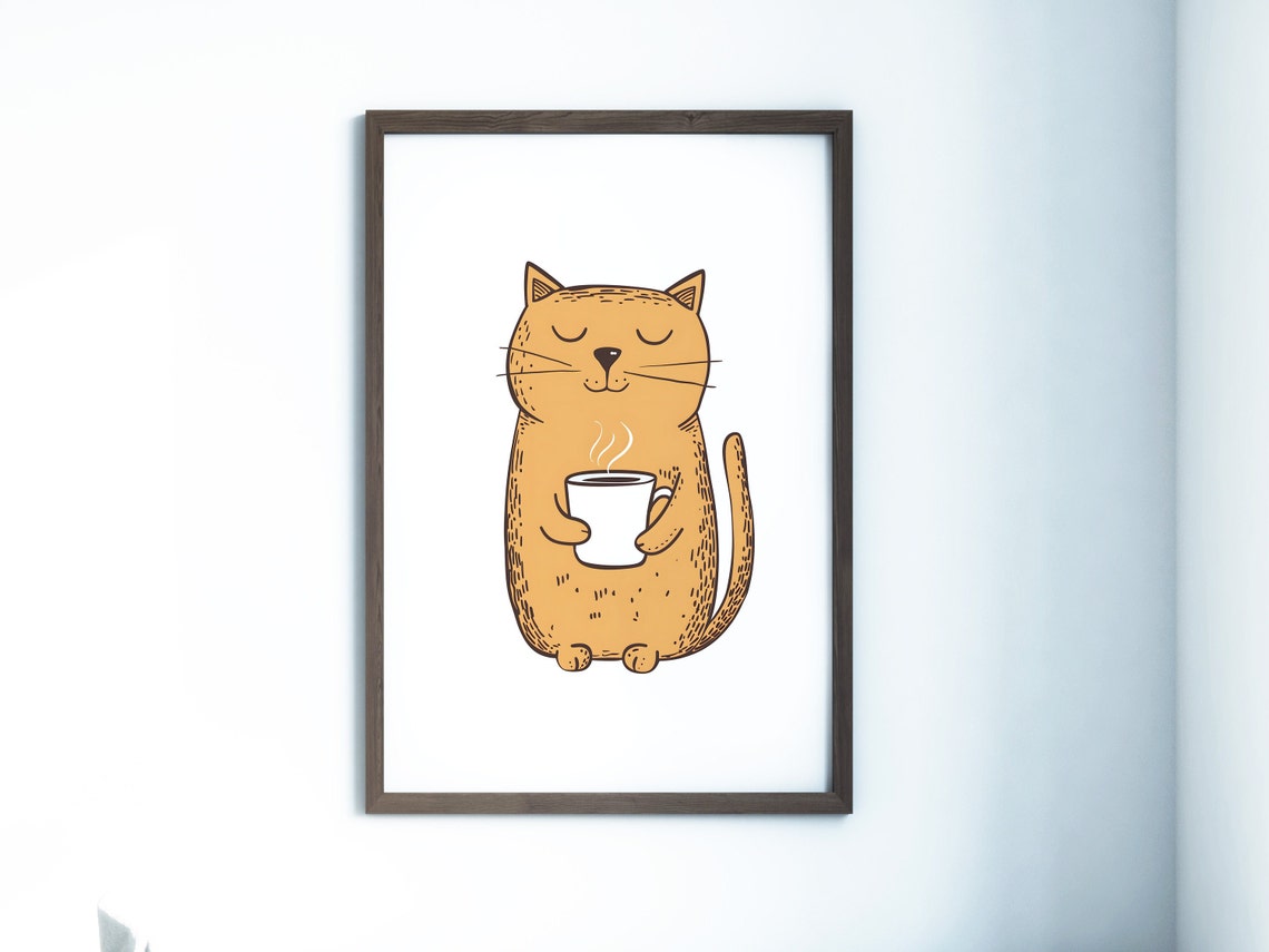 Sleepy Orange Cat Holding Steaming Coffee Cute Doodle Poster - Image 2