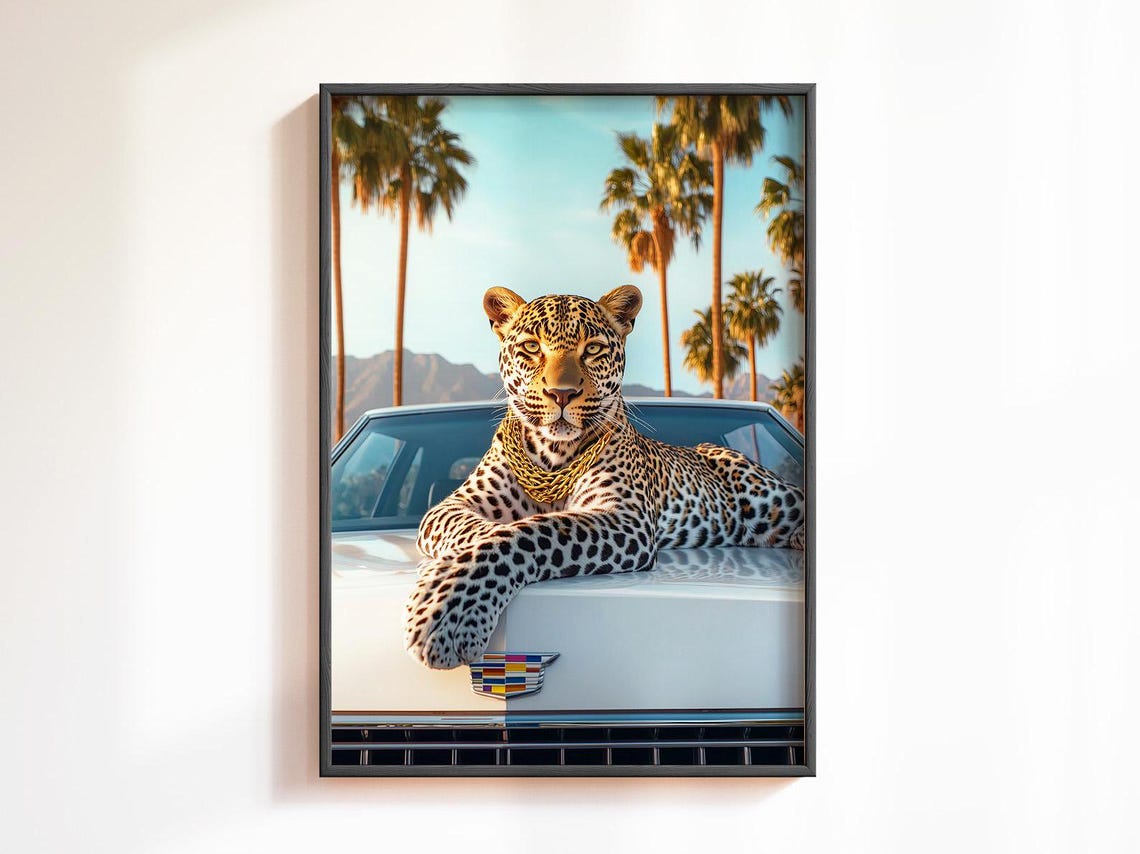 Leopard Resting On A White Cadillac Hood With Palm Trees Poster - Image 4