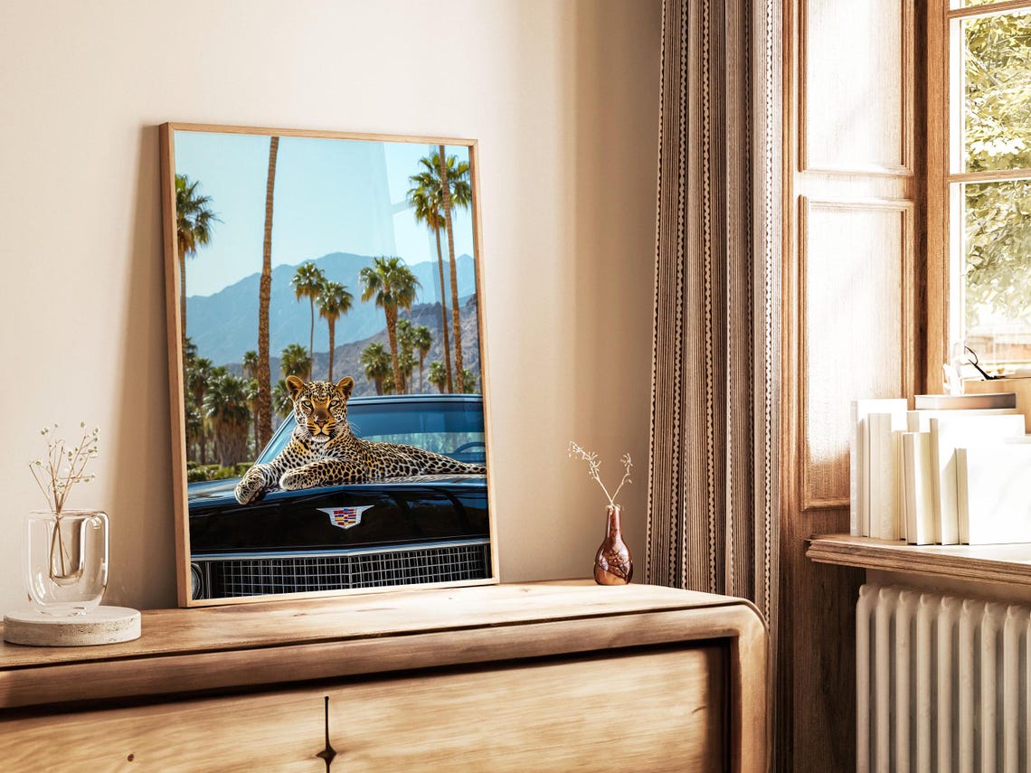 Leopard On Black Cadillac Hood Against Mountain Palm Backdrop Poster - Image 5