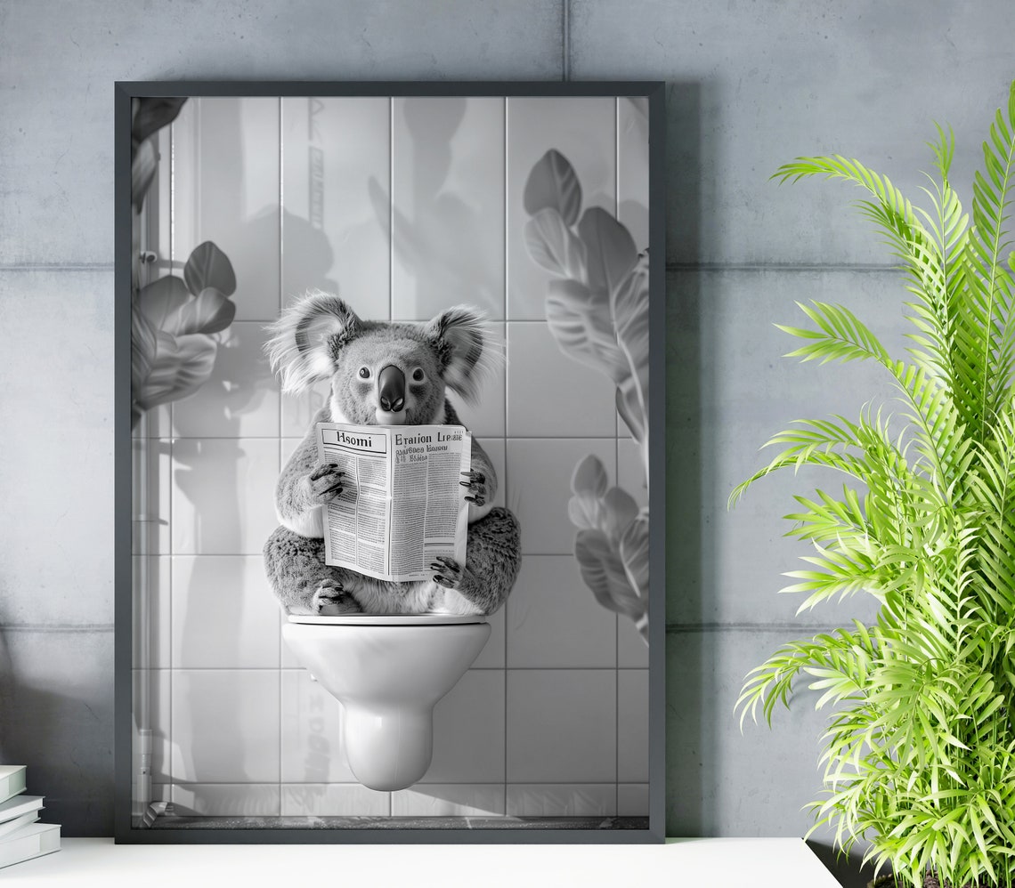 Funny Black and White Koala Poster Reading a Newspaper on a Bathroom Toilet - Image 2