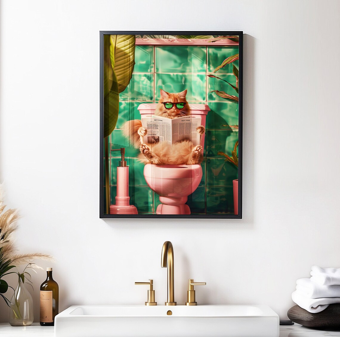 Funny Cat Reading Newspaper on Toilet Pink Bathroom Humor Poster - Image 4