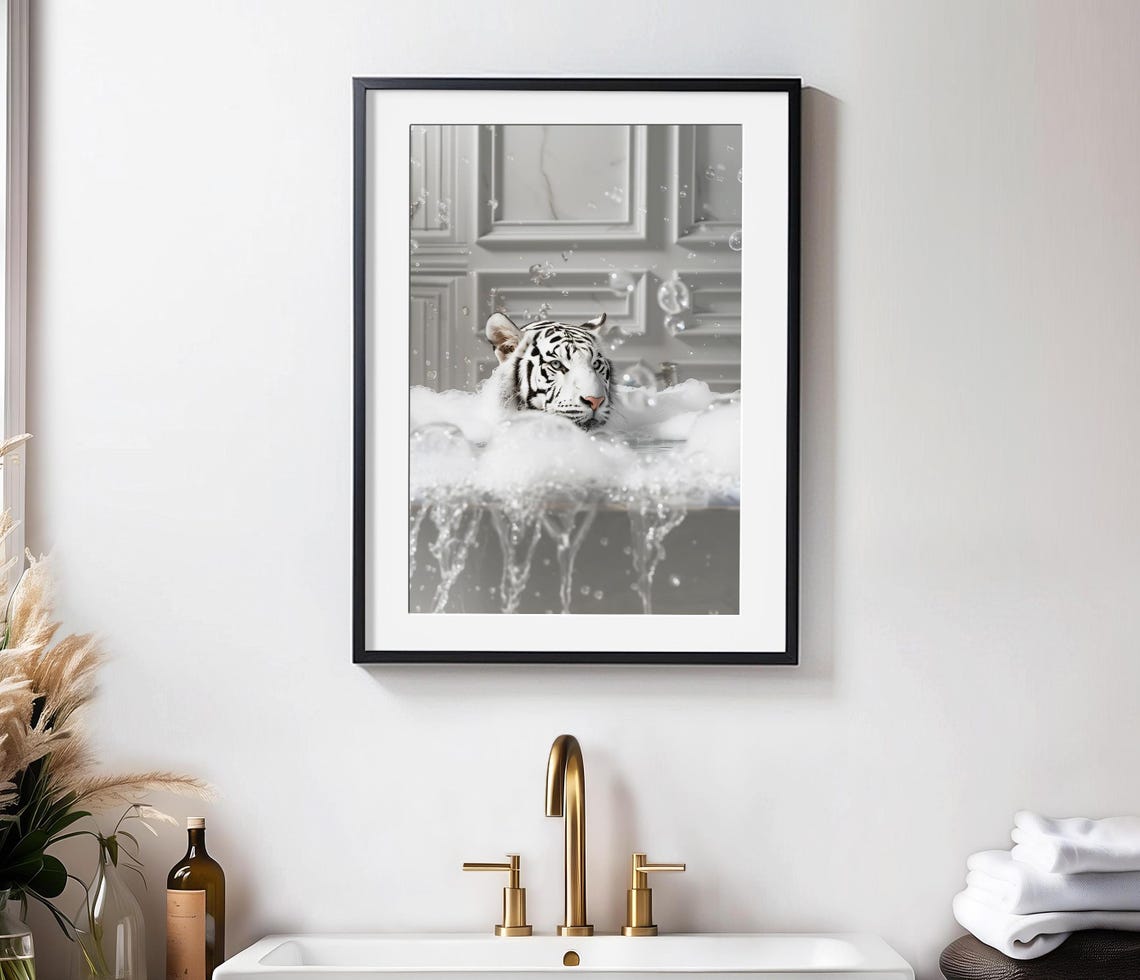 White Tiger Soaking In A Bubble Bath Funny Bathroom Animal Poster - Image 2