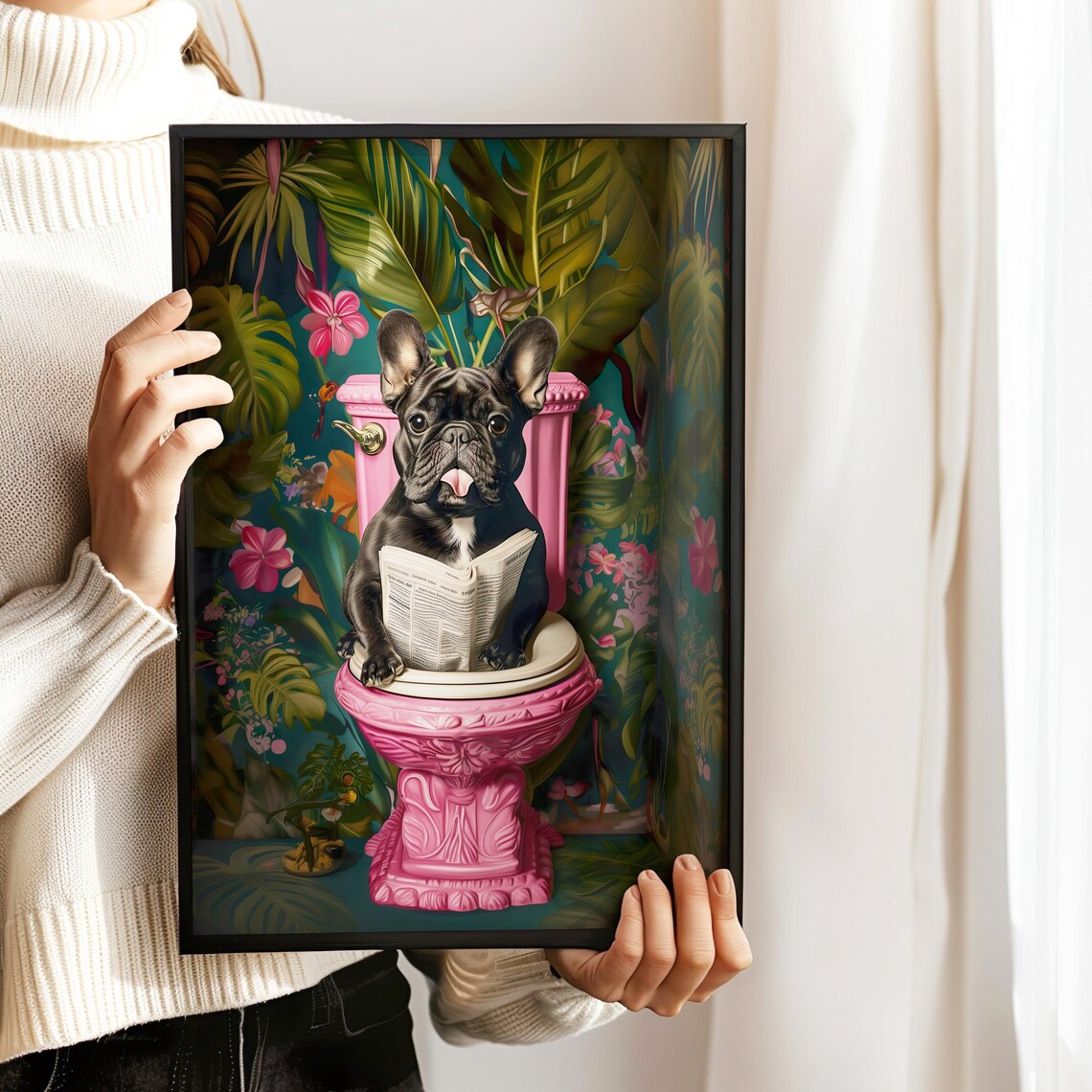 French Bulldog Reading Newspaper Pink Toilet Funny Dog Poster - Image 2