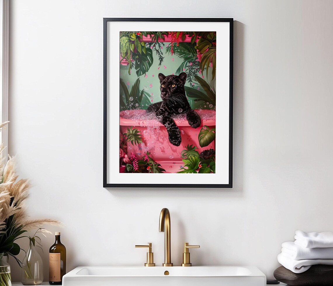 Black Leopard In Bathtub Art Print, Maximalist Decor - Image 4