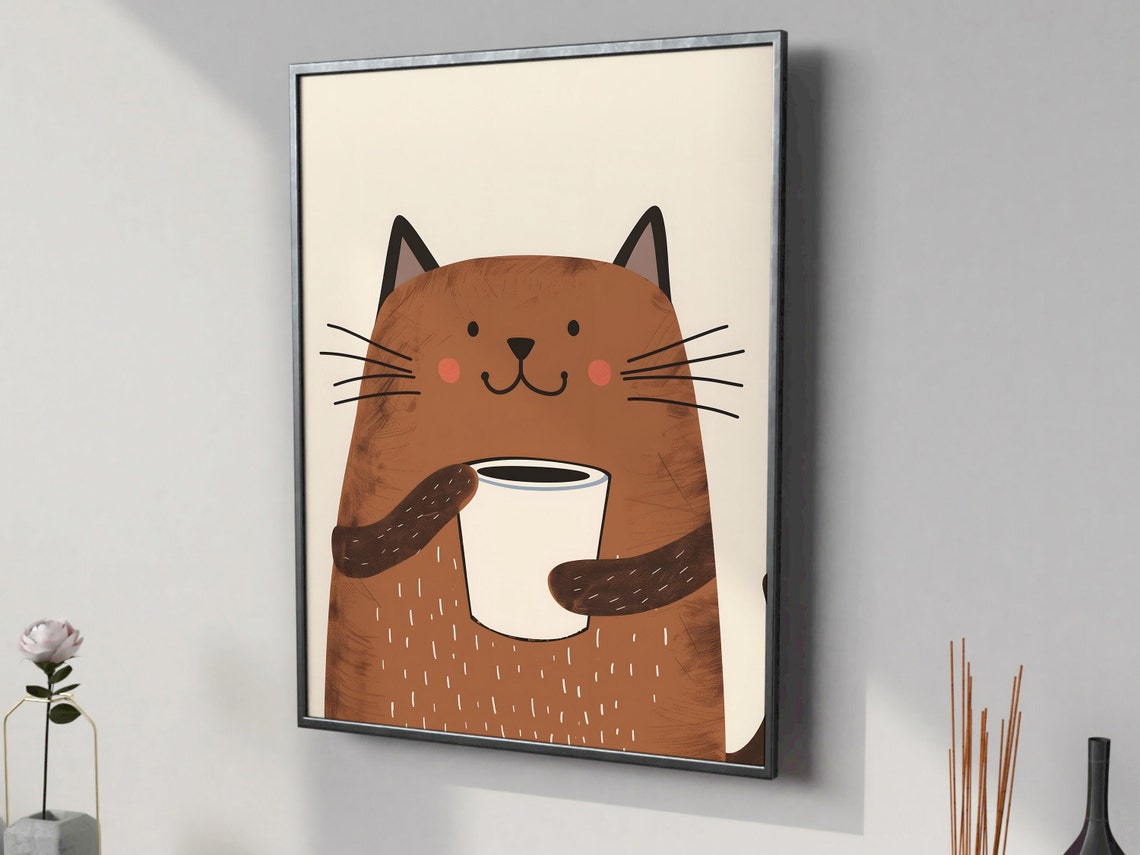 Cute Brown Cat Holding Big Coffee Cup Cozy Boho Kitchen Poster - Image 2