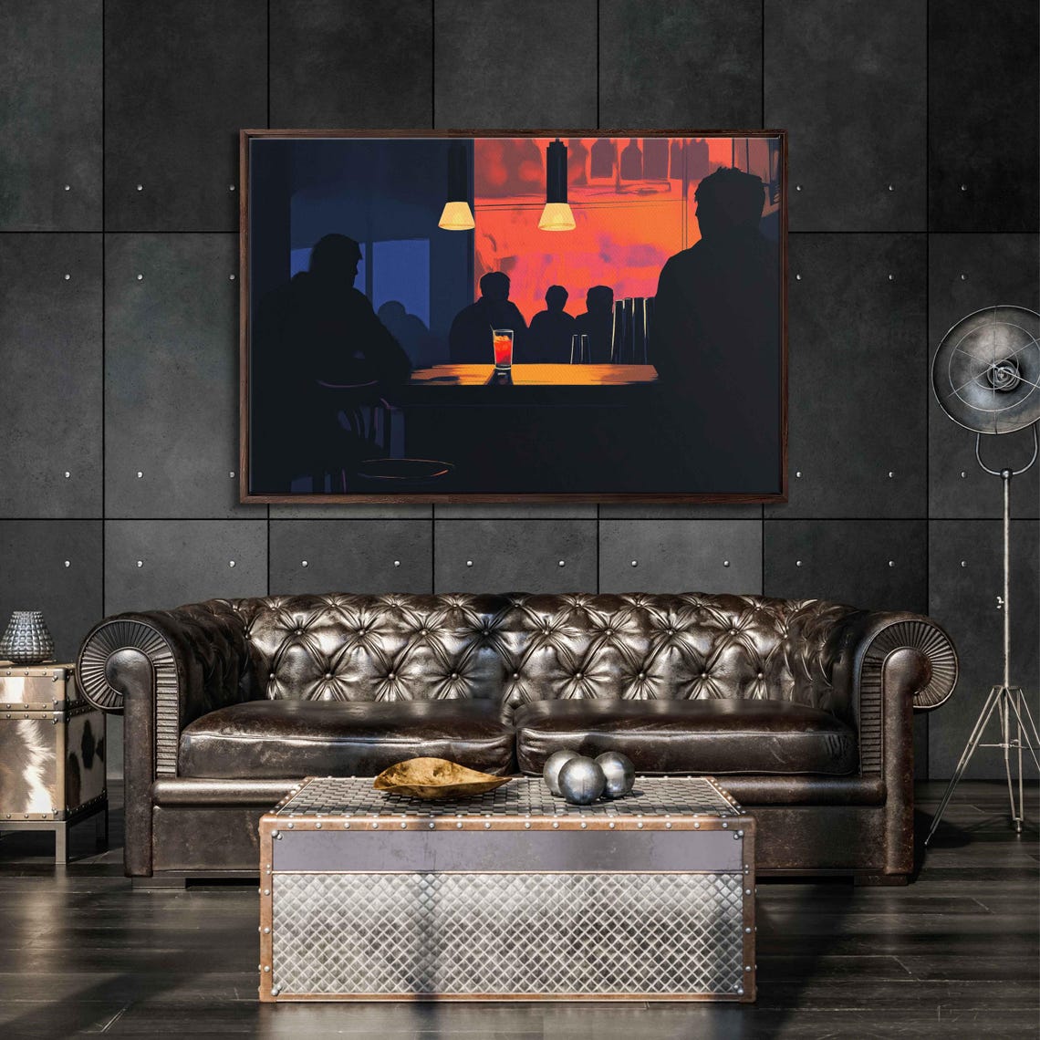 Bar Silhouettes at Dusk Neon Orange Window Evening Scene Poster - Image 3