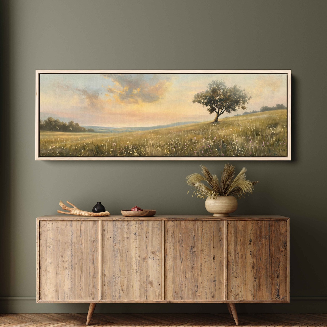 Minimalistic Serene Meadow Landscape Panoramic Wall Art Print Lone Tree In Grassland Nature Painting Ready To Hang