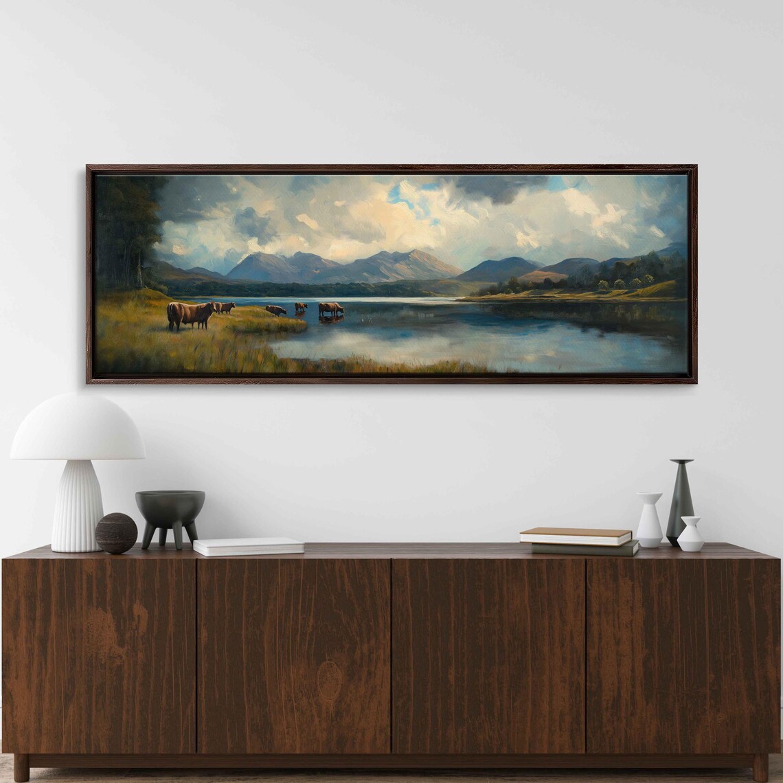 Highland Cows Grazing By Loch, Oil Texture Landscape - Image 3