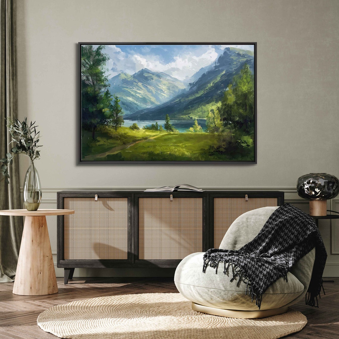 Serene Landscape Painting Cloudy Blue Sky Lush Greenery Rushing River Wall Art Print Ready To Hang - Image 3