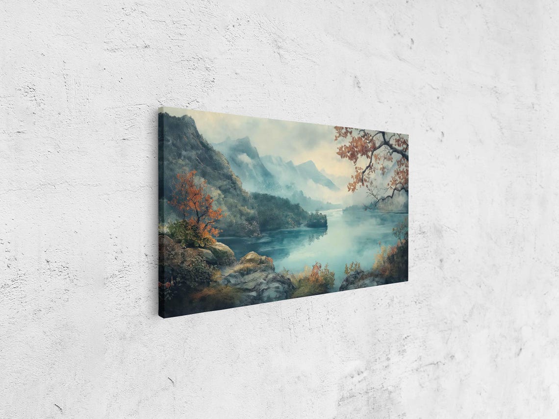Ethereal Misty Lake Mountains Autumn Branches Watercolor Calm Poster - Image 4